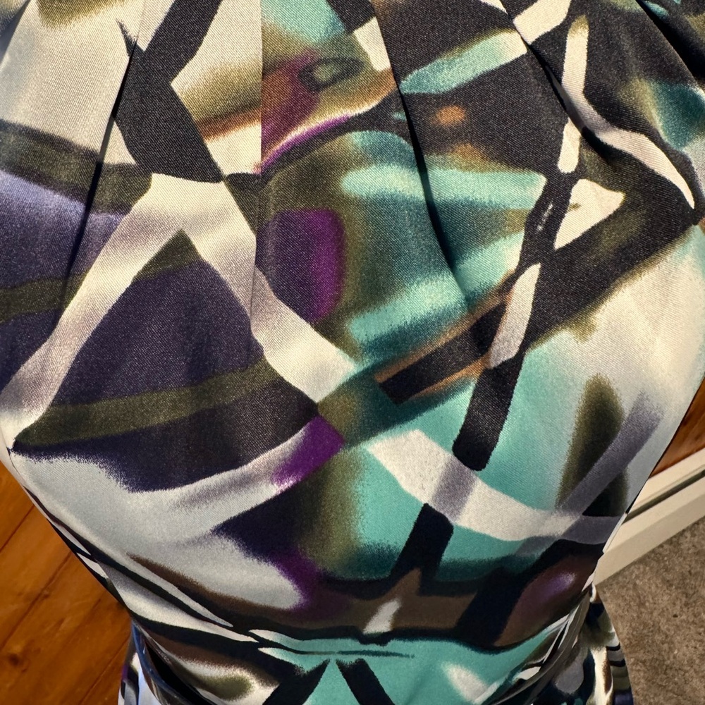 Teal Purple Black Sheath Dress size 4 zip up back w patent leather belt - Picture 2 of 13